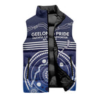 Custom Geelong Pride Sleeveless Puffer Jacket On the Road to Glory Indigenous Aboriginal - Aussie Hoodie