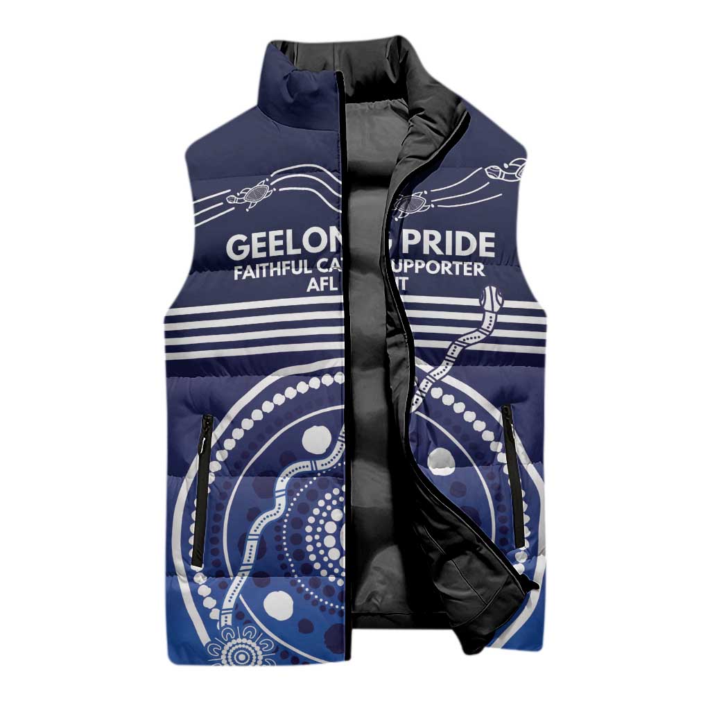 Custom Geelong Pride Sleeveless Puffer Jacket On the Road to Glory Indigenous Aboriginal - Aussie Hoodie