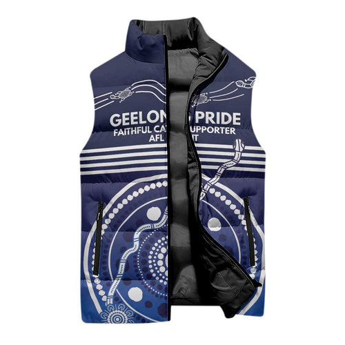 Custom Geelong Pride Sleeveless Puffer Jacket On the Road to Glory Indigenous Aboriginal - Aussie Hoodie
