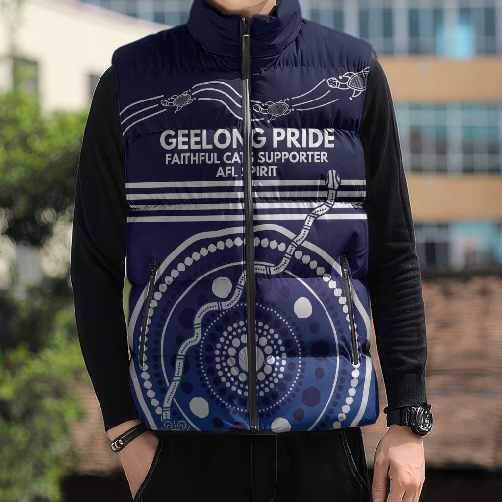 Custom Geelong Pride Sleeveless Puffer Jacket On the Road to Glory Indigenous Aboriginal - Aussie Hoodie