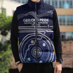 Custom Geelong Pride Sleeveless Puffer Jacket On the Road to Glory Indigenous Aboriginal - Aussie Hoodie