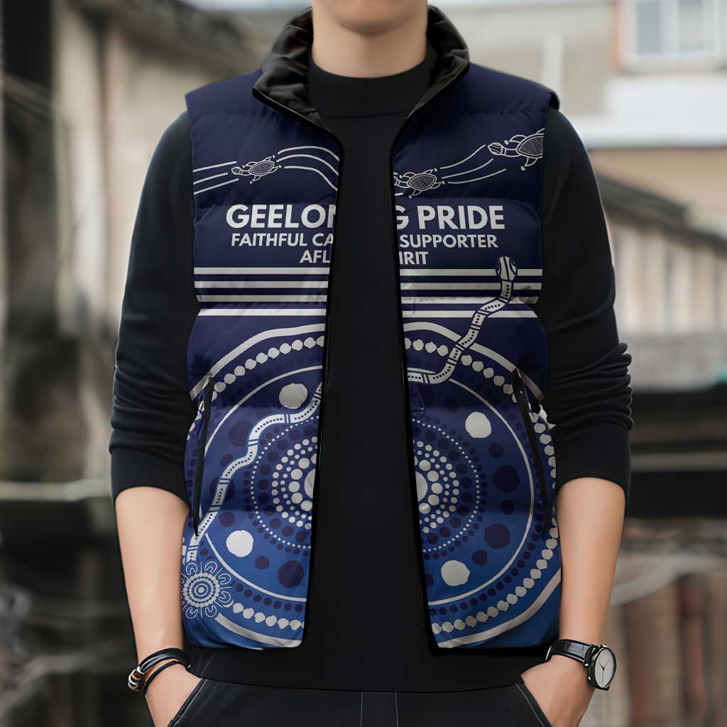 Custom Geelong Pride Sleeveless Puffer Jacket On the Road to Glory Indigenous Aboriginal - Aussie Hoodie