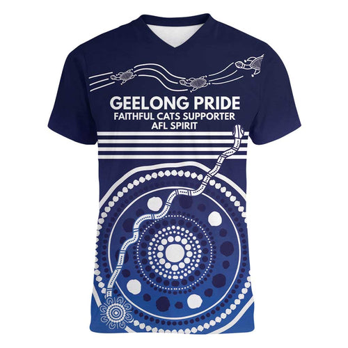 Custom Geelong Pride Women V-Neck T-Shirt On the Road to Glory Indigenous Aboriginal - Aussie Hoodie