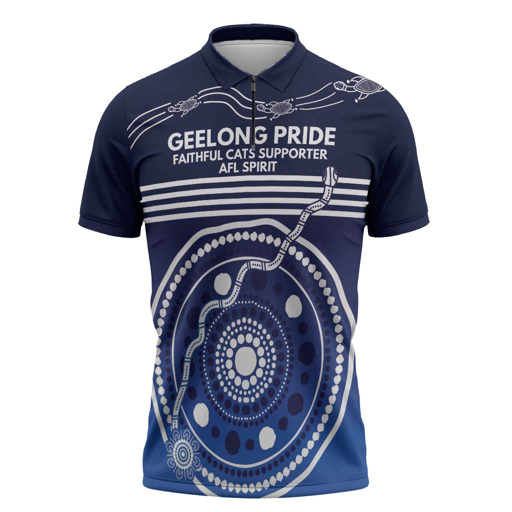 Custom Geelong Pride Zipper Polo Shirt On the Road to Glory Indigenous Aboriginal - Aussie Hoodie