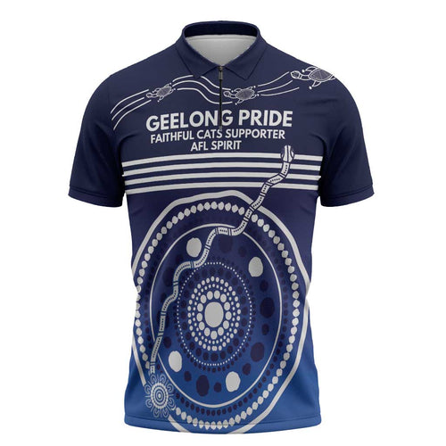 Custom Geelong Pride Zipper Polo Shirt On the Road to Glory Indigenous Aboriginal - Aussie Hoodie