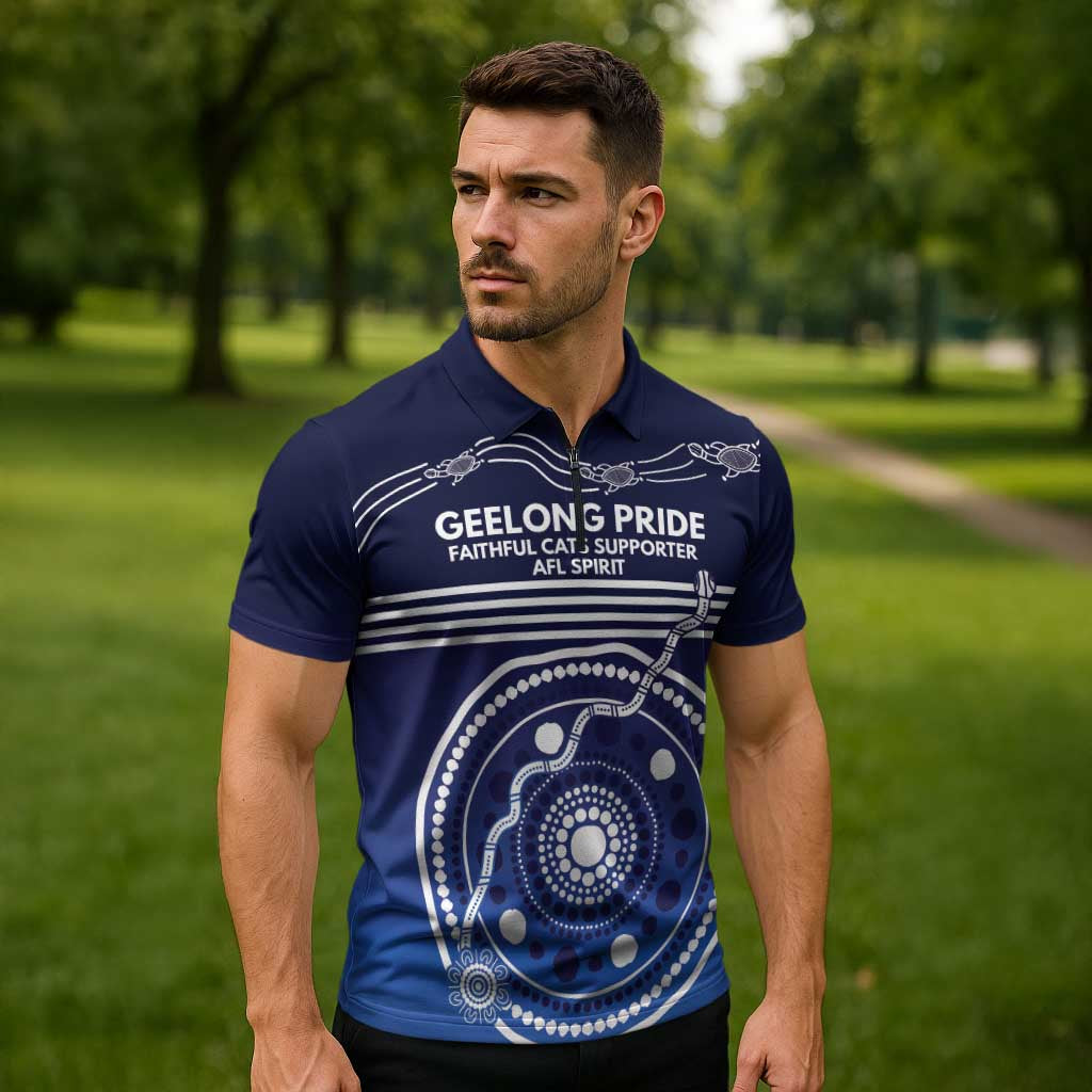 Custom Geelong Pride Zipper Polo Shirt On the Road to Glory Indigenous Aboriginal - Aussie Hoodie