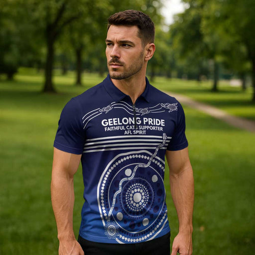 Custom Geelong Pride Zipper Polo Shirt On the Road to Glory Indigenous Aboriginal - Aussie Hoodie