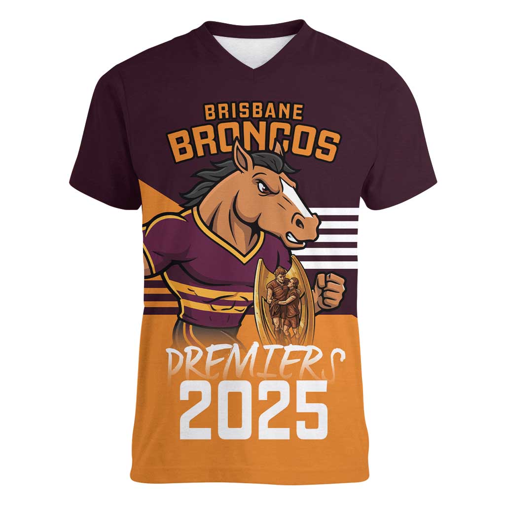 Personalised Broncos Spirit Women V-Neck T-Shirt Grand Final Champions 2025 - Aussie Hoodie