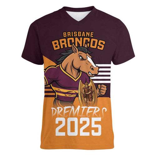 Personalised Broncos Spirit Women V-Neck T-Shirt Grand Final Champions 2025 - Aussie Hoodie