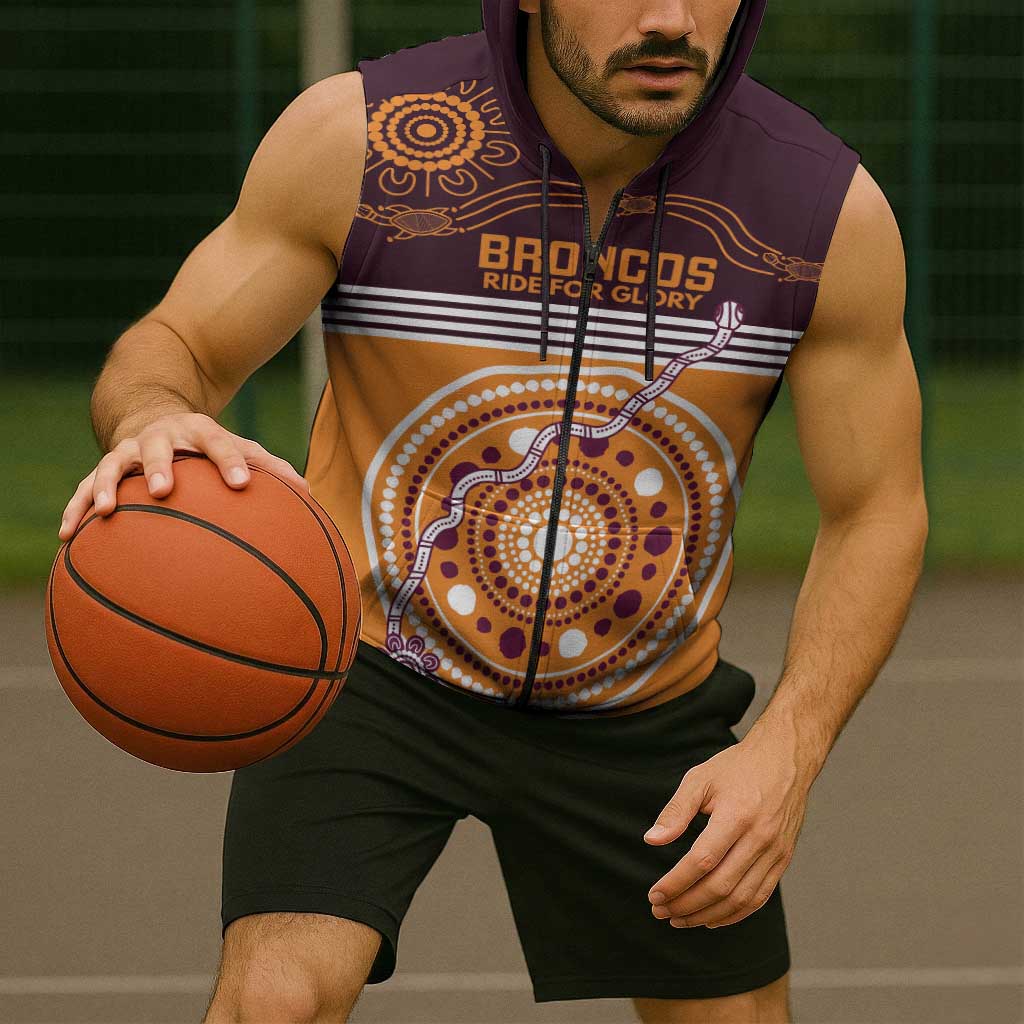 Custom Broncos Spirit Sleeveless Zip Hoodie Ride for Glory Indigenous Aboriginal LT9