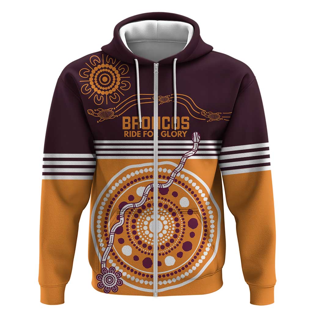 Custom Broncos Spirit Zip Hoodie Ride for Glory Indigenous Aboriginal - Aussie Hoodie