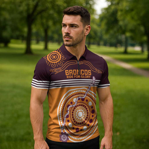 Custom Broncos Spirit Zipper Polo Shirt Ride for Glory Indigenous Aboriginal - Aussie Hoodie