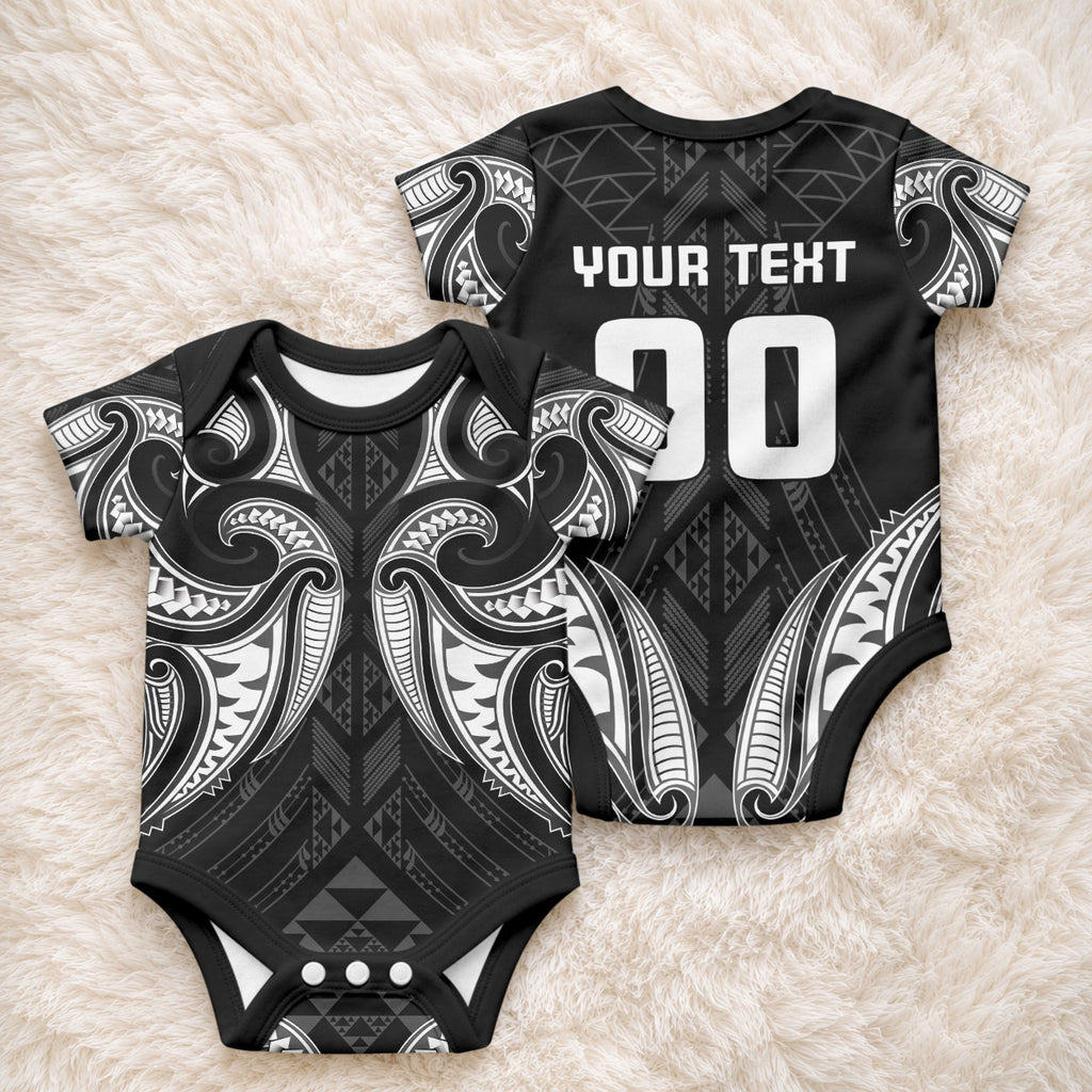 Maori Rugby Custom Ngaru Mangopare Baby Onesie Black Whetu Niho Taniwha Motif