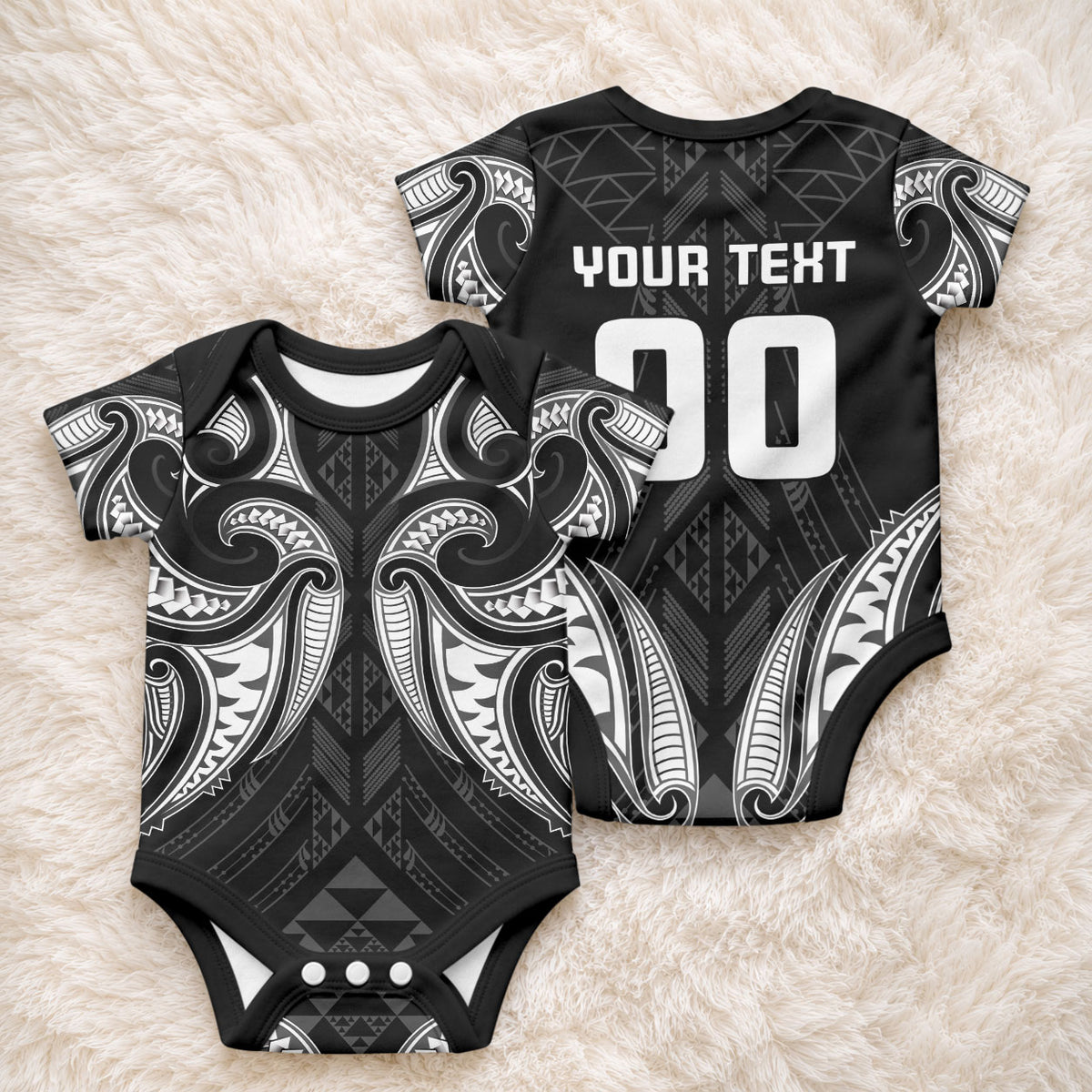 Maori Rugby Custom Ngaru Mangopare Baby Onesie Black Whetu Niho Taniwha Motif