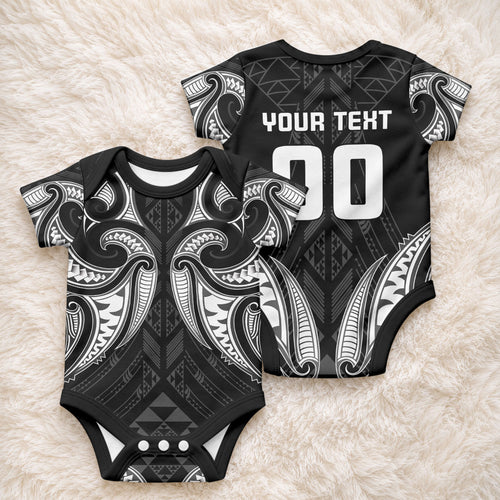 Maori Rugby Custom Ngaru Mangopare Baby Onesie Black Whetu Niho Taniwha Motif