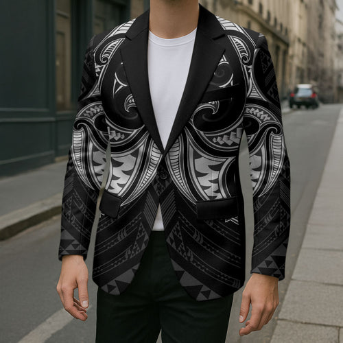Maori Rugby Custom Ngaru Mangopare Blazer Black Whetu Niho Taniwha Motif
