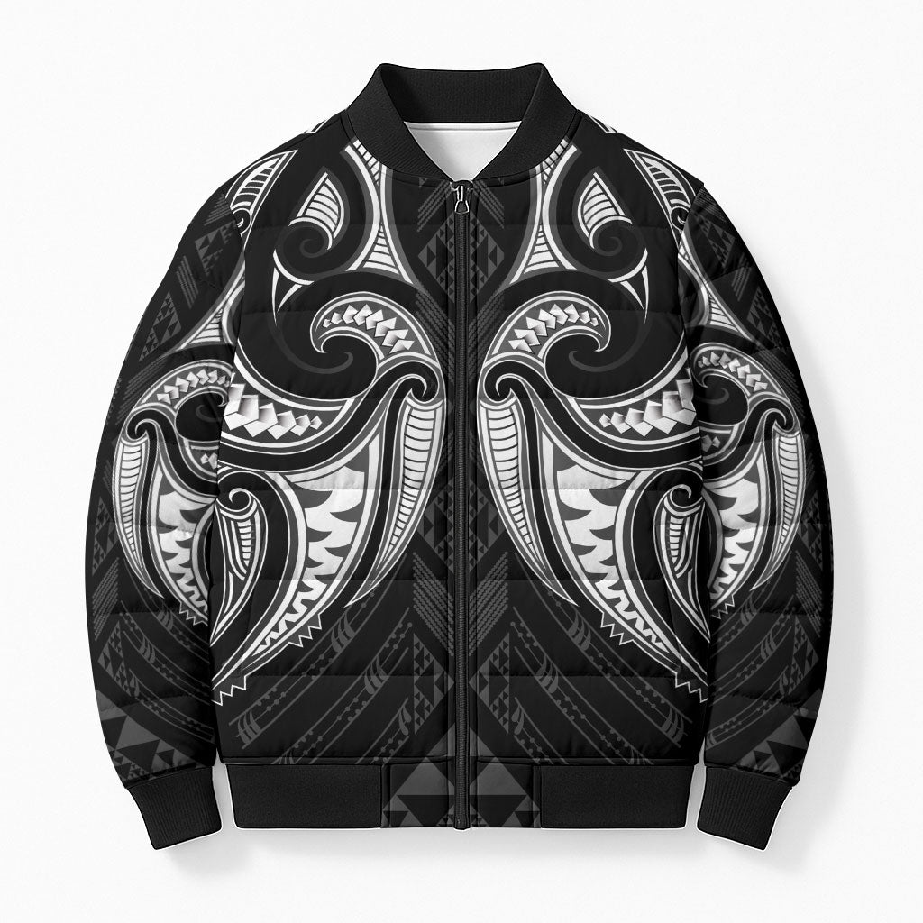 Maori Rugby Custom Ngaru Mangopare Bomber Puffer Jacket Black Whetu Niho Taniwha Motif