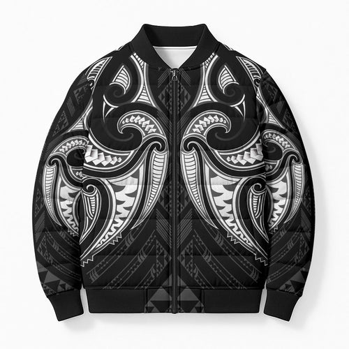 Maori Rugby Custom Ngaru Mangopare Bomber Puffer Jacket Black Whetu Niho Taniwha Motif