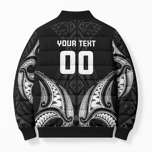 Maori Rugby Custom Ngaru Mangopare Bomber Puffer Jacket Black Whetu Niho Taniwha Motif