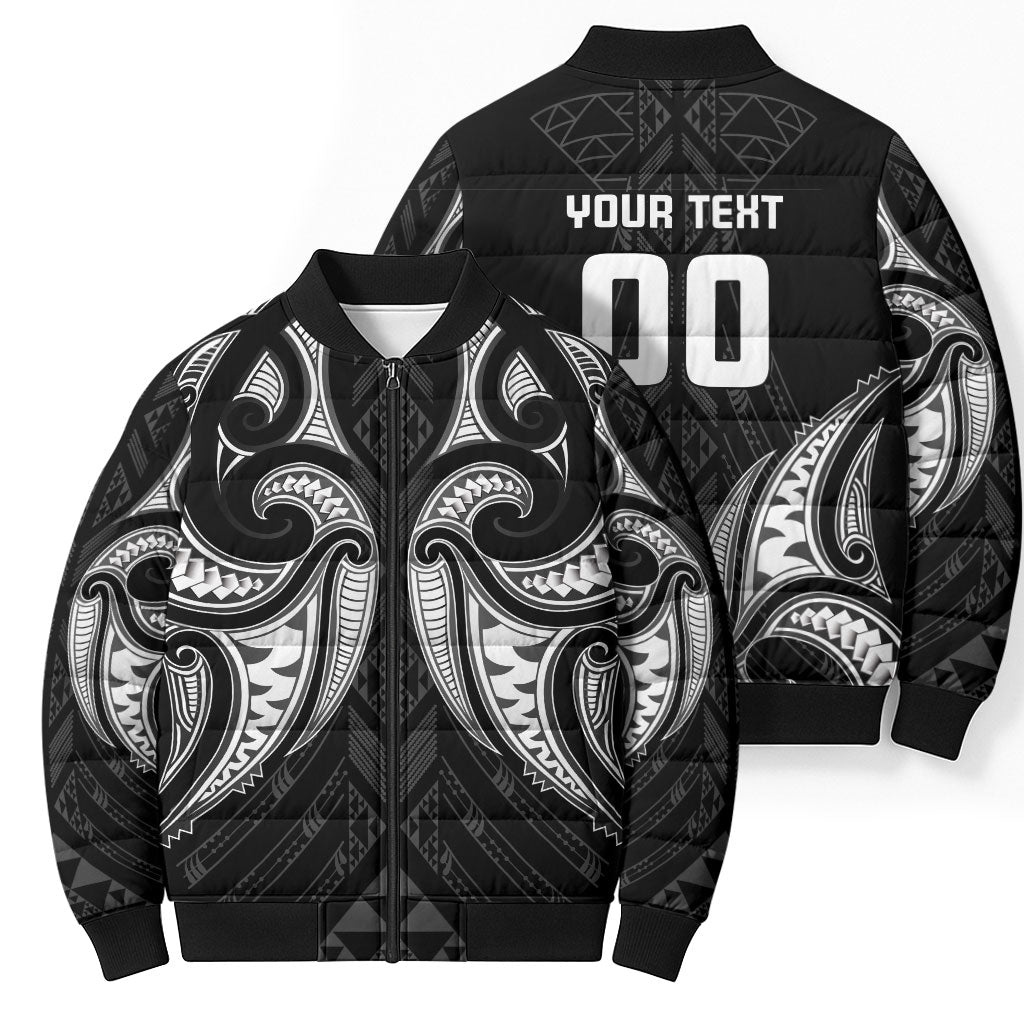 Maori Rugby Custom Ngaru Mangopare Bomber Puffer Jacket Black Whetu Niho Taniwha Motif