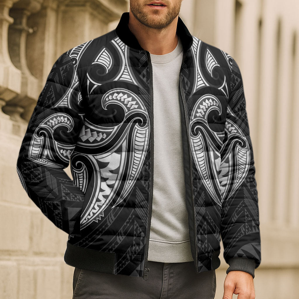 Maori Rugby Custom Ngaru Mangopare Bomber Puffer Jacket Black Whetu Niho Taniwha Motif