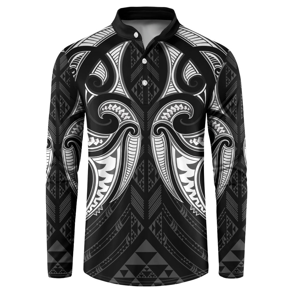 Maori Rugby Custom Ngaru Mangopare Button Sweatshirt Black Whetu Niho Taniwha Motif