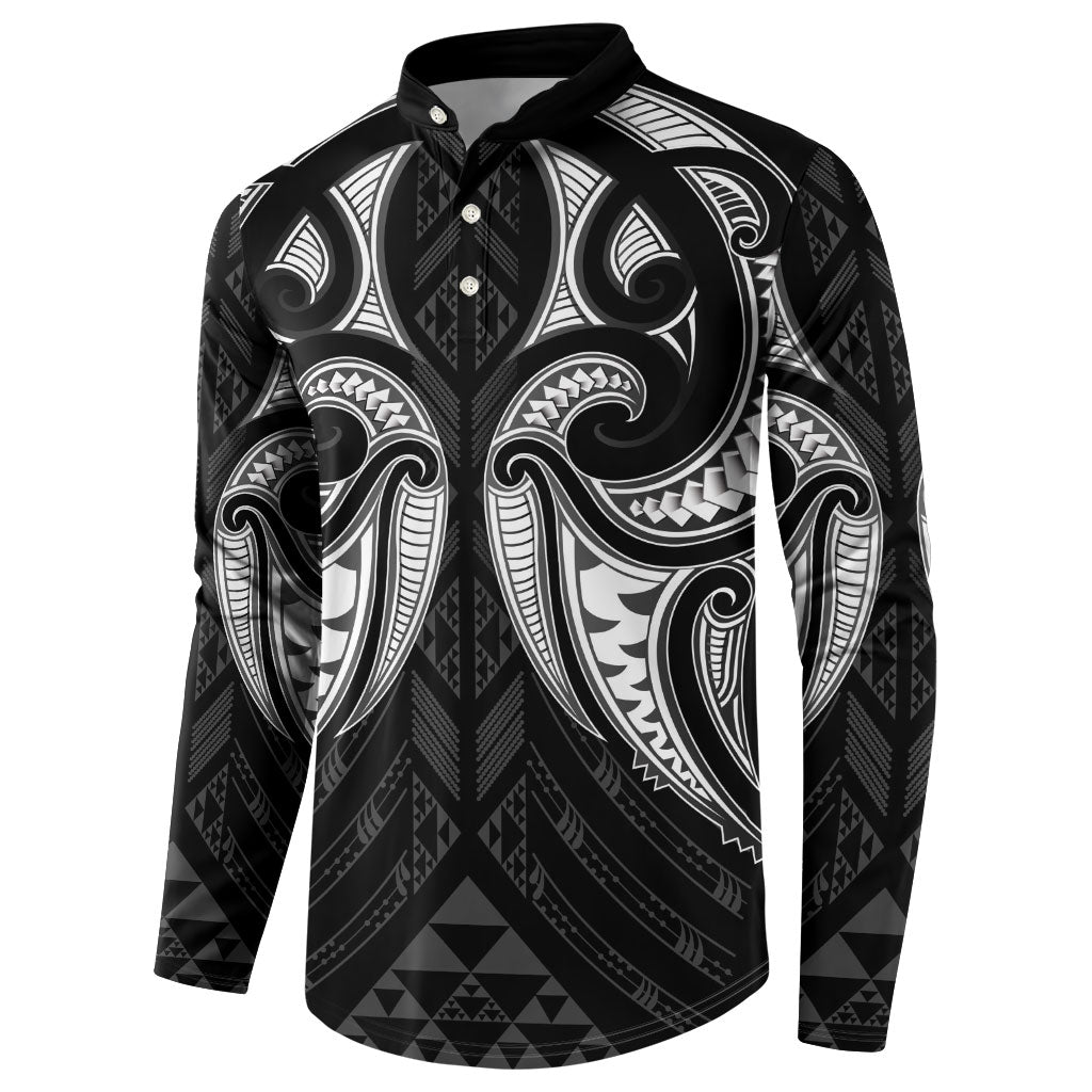 Maori Rugby Custom Ngaru Mangopare Button Sweatshirt Black Whetu Niho Taniwha Motif