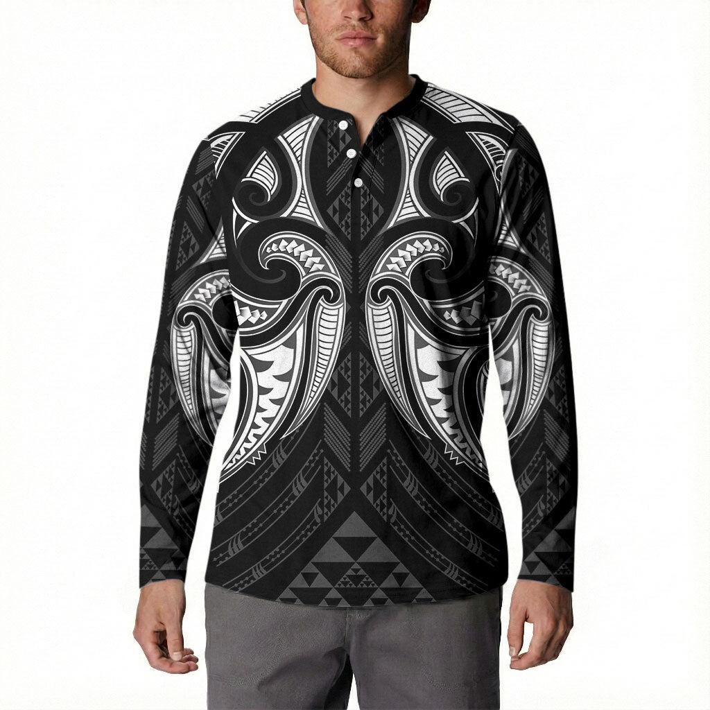 Maori Rugby Custom Ngaru Mangopare Button Sweatshirt Black Whetu Niho Taniwha Motif
