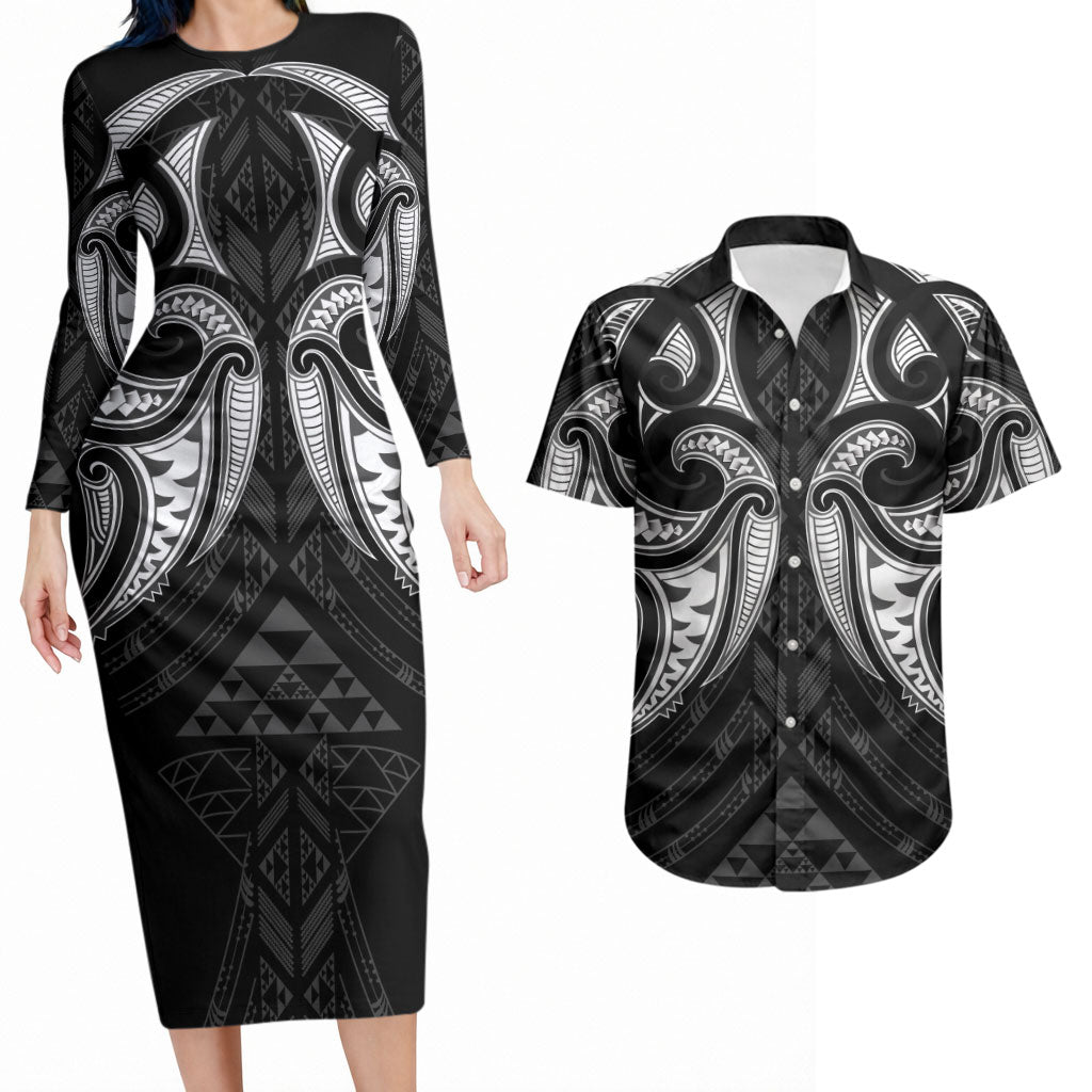 Maori Rugby Custom Ngaru Mangopare Couples Matching Long Sleeve Bodycon Dress and Hawaiian Shirt Black Whetu Niho Taniwha Motif