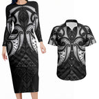 Maori Rugby Custom Ngaru Mangopare Couples Matching Long Sleeve Bodycon Dress and Hawaiian Shirt Black Whetu Niho Taniwha Motif