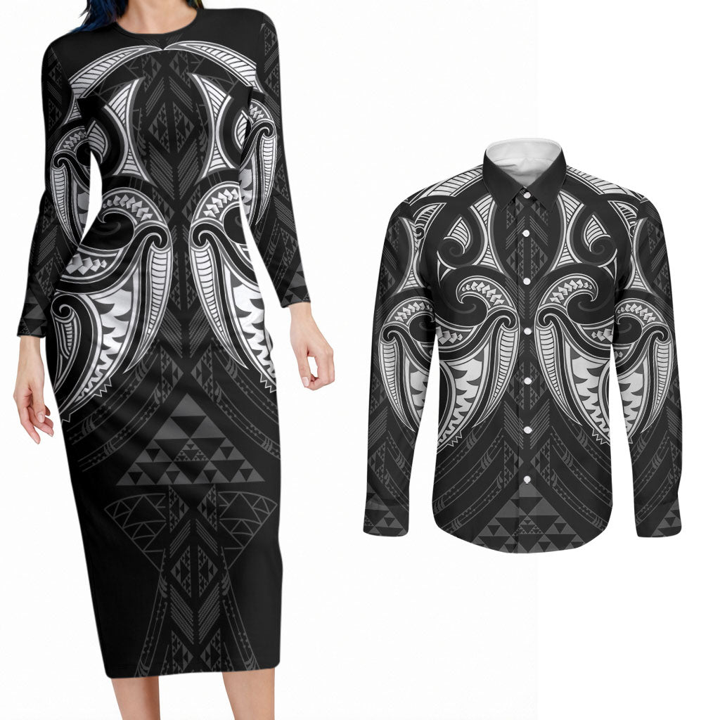Maori Rugby Custom Ngaru Mangopare Couples Matching Long Sleeve Bodycon Dress and Long Sleeve Button Shirt Black Whetu Niho Taniwha Motif