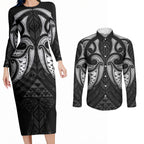 Maori Rugby Custom Ngaru Mangopare Couples Matching Long Sleeve Bodycon Dress and Long Sleeve Button Shirt Black Whetu Niho Taniwha Motif