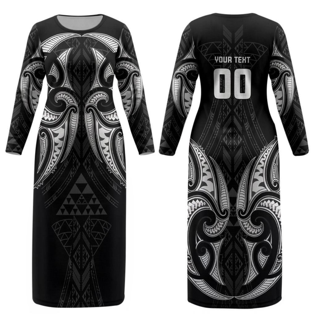 Maori Rugby Custom Ngaru Mangopare Couples Matching Long Sleeve Bodycon Dress and Long Sleeve Button Shirt Black Whetu Niho Taniwha Motif