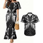 Maori Rugby Custom Ngaru Mangopare Couples Matching Mermaid Dress and Hawaiian Shirt Black Whetu Niho Taniwha Motif