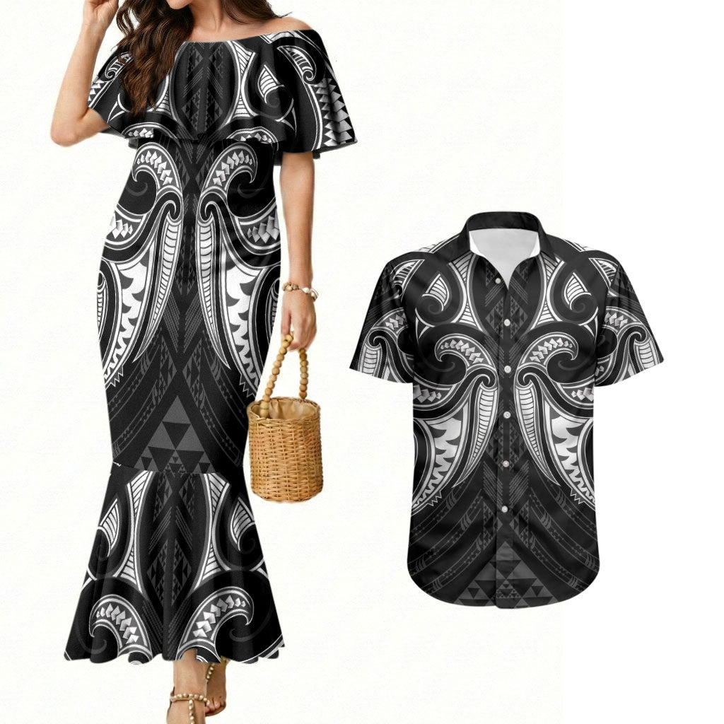 Maori Rugby Custom Ngaru Mangopare Couples Matching Mermaid Dress and Hawaiian Shirt Black Whetu Niho Taniwha Motif