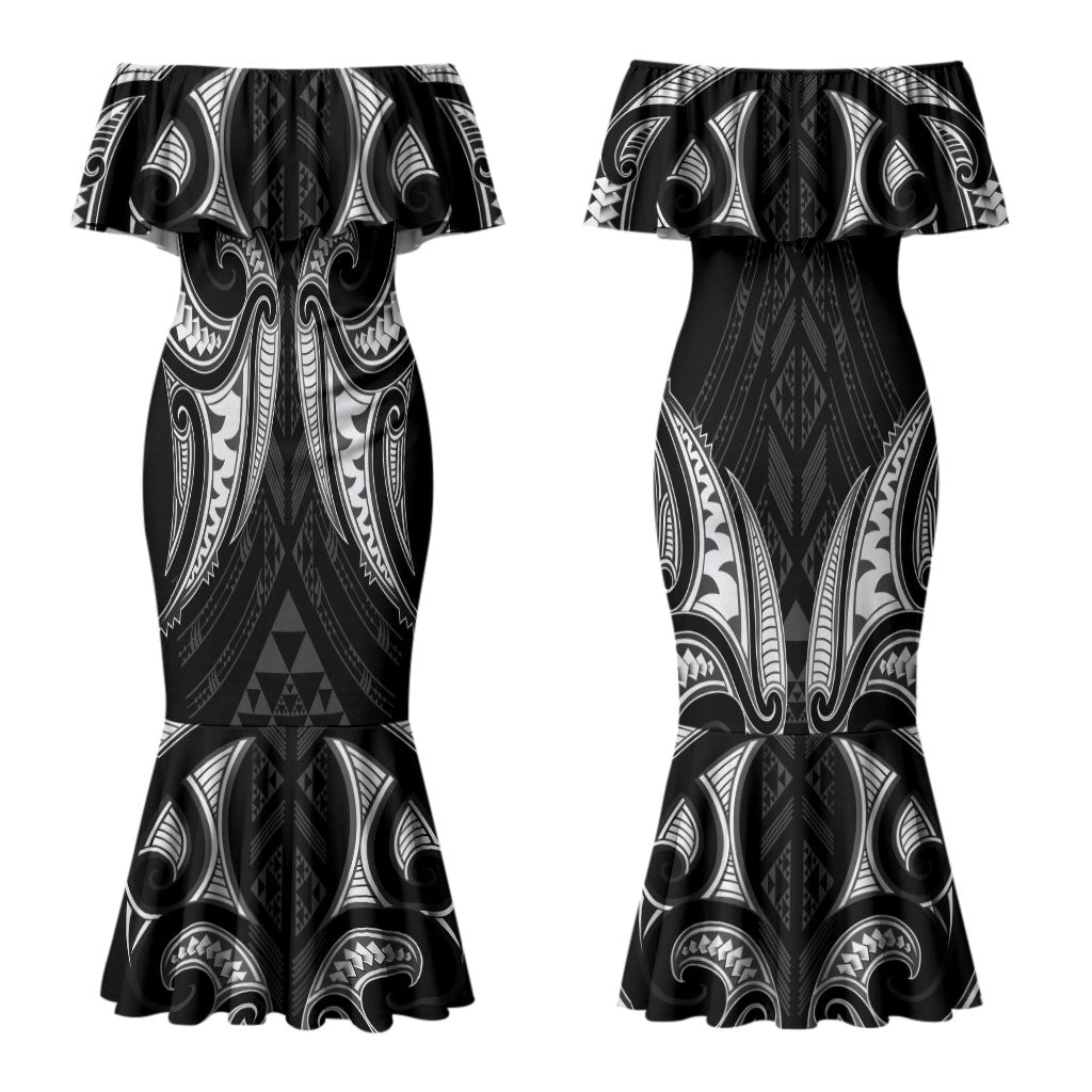 Maori Rugby Custom Ngaru Mangopare Couples Matching Mermaid Dress and Hawaiian Shirt Black Whetu Niho Taniwha Motif