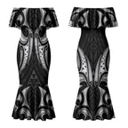 Maori Rugby Custom Ngaru Mangopare Couples Matching Mermaid Dress and Hawaiian Shirt Black Whetu Niho Taniwha Motif