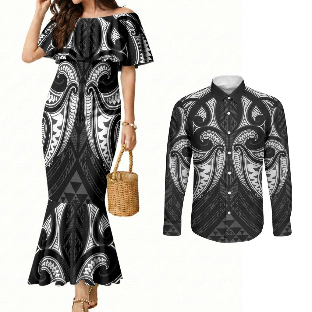 Maori Rugby Custom Ngaru Mangopare Couples Matching Mermaid Dress and Long Sleeve Button Shirt Black Whetu Niho Taniwha Motif