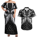 Maori Rugby Custom Ngaru Mangopare Couples Matching Off Shoulder Maxi Dress and Hawaiian Shirt Black Whetu Niho Taniwha Motif