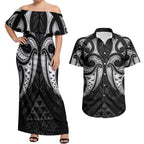 Maori Rugby Custom Ngaru Mangopare Couples Matching Off Shoulder Maxi Dress and Hawaiian Shirt Black Whetu Niho Taniwha Motif