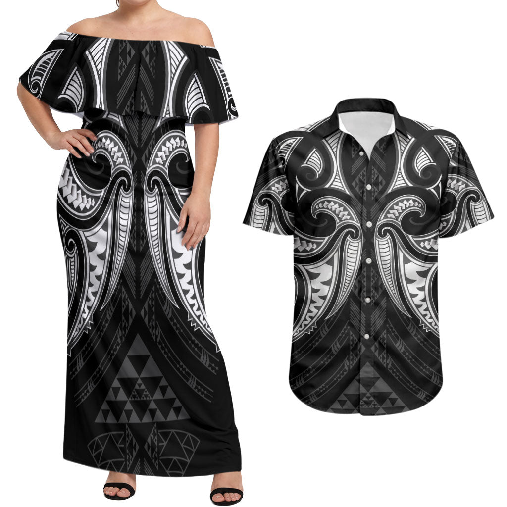 Maori Rugby Custom Ngaru Mangopare Couples Matching Off Shoulder Maxi Dress and Hawaiian Shirt Black Whetu Niho Taniwha Motif