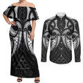 Maori Rugby Custom Ngaru Mangopare Couples Matching Off Shoulder Maxi Dress and Long Sleeve Button Shirt Black Whetu Niho Taniwha Motif