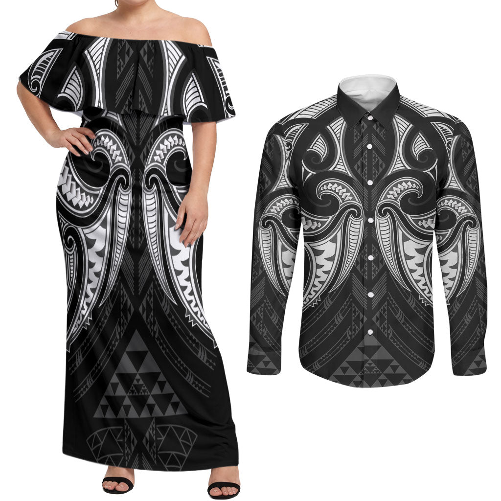 Maori Rugby Custom Ngaru Mangopare Couples Matching Off Shoulder Maxi Dress and Long Sleeve Button Shirt Black Whetu Niho Taniwha Motif