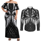 Maori Rugby Custom Ngaru Mangopare Couples Matching Off Shoulder Maxi Dress and Long Sleeve Button Shirt Black Whetu Niho Taniwha Motif