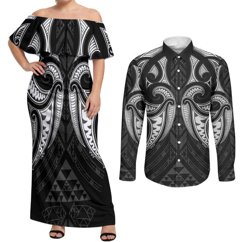 Maori Rugby Custom Ngaru Mangopare Couples Matching Off Shoulder Maxi Dress and Long Sleeve Button Shirt Black Whetu Niho Taniwha Motif