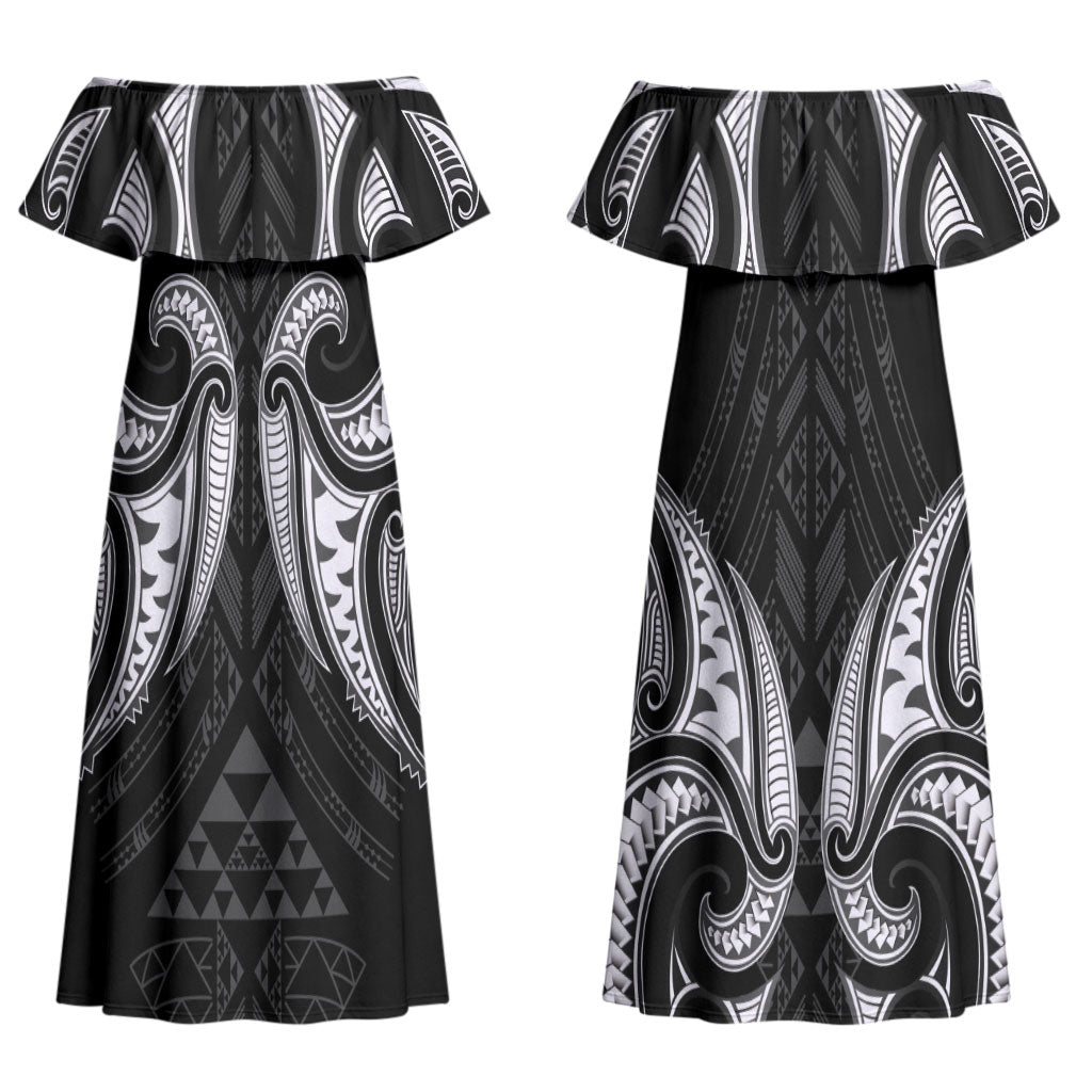 Maori Rugby Custom Ngaru Mangopare Couples Matching Off Shoulder Maxi Dress and Long Sleeve Button Shirt Black Whetu Niho Taniwha Motif