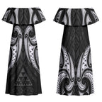 Maori Rugby Custom Ngaru Mangopare Couples Matching Off Shoulder Maxi Dress and Long Sleeve Button Shirt Black Whetu Niho Taniwha Motif