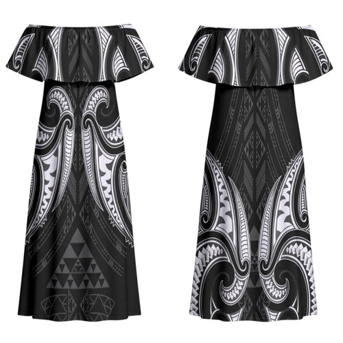 Maori Rugby Custom Ngaru Mangopare Couples Matching Off Shoulder Maxi Dress and Long Sleeve Button Shirt Black Whetu Niho Taniwha Motif