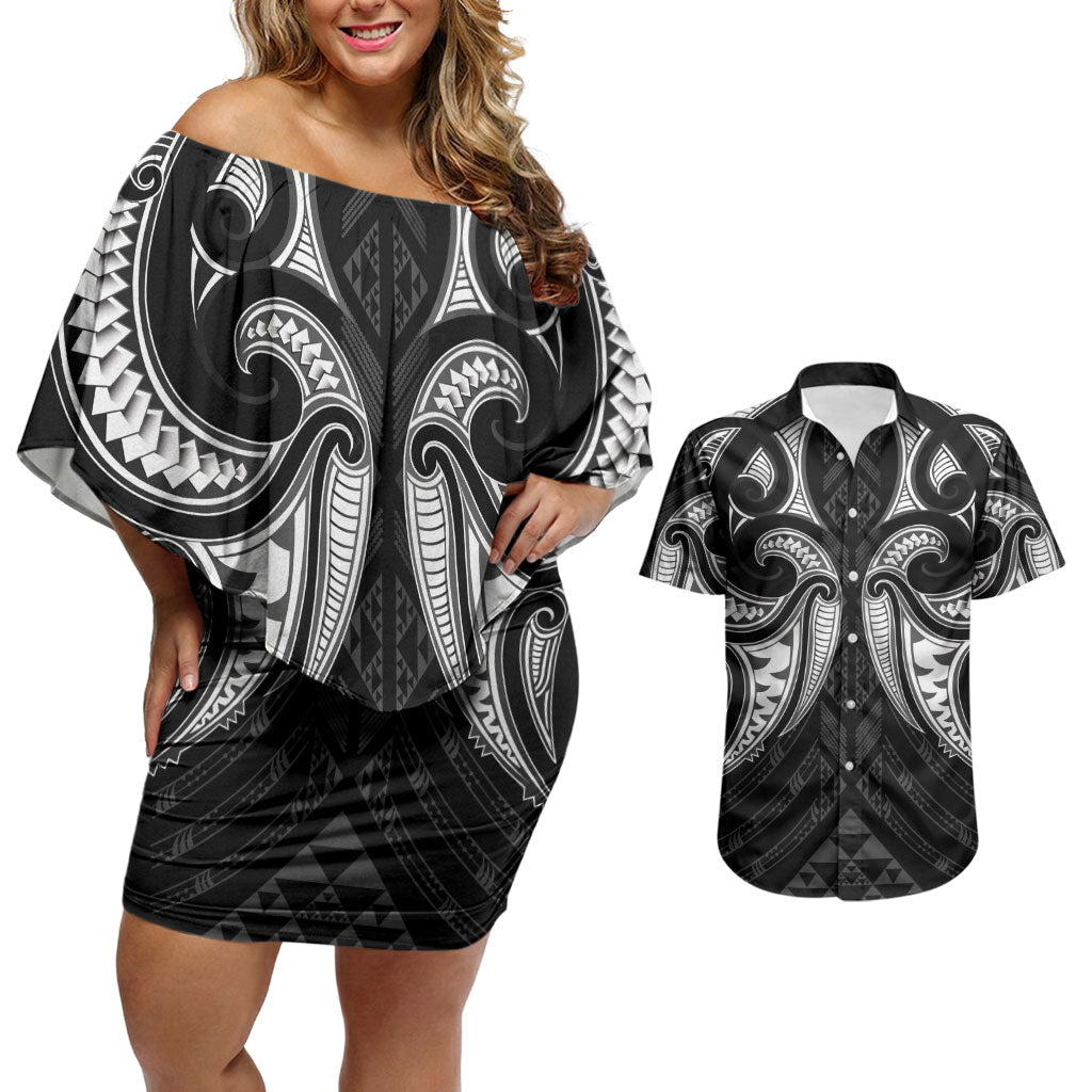 Maori Rugby Custom Ngaru Mangopare Couples Matching Off Shoulder Short Dress and Hawaiian Shirt Black Whetu Niho Taniwha Motif