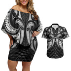 Maori Rugby Custom Ngaru Mangopare Couples Matching Off Shoulder Short Dress and Hawaiian Shirt Black Whetu Niho Taniwha Motif